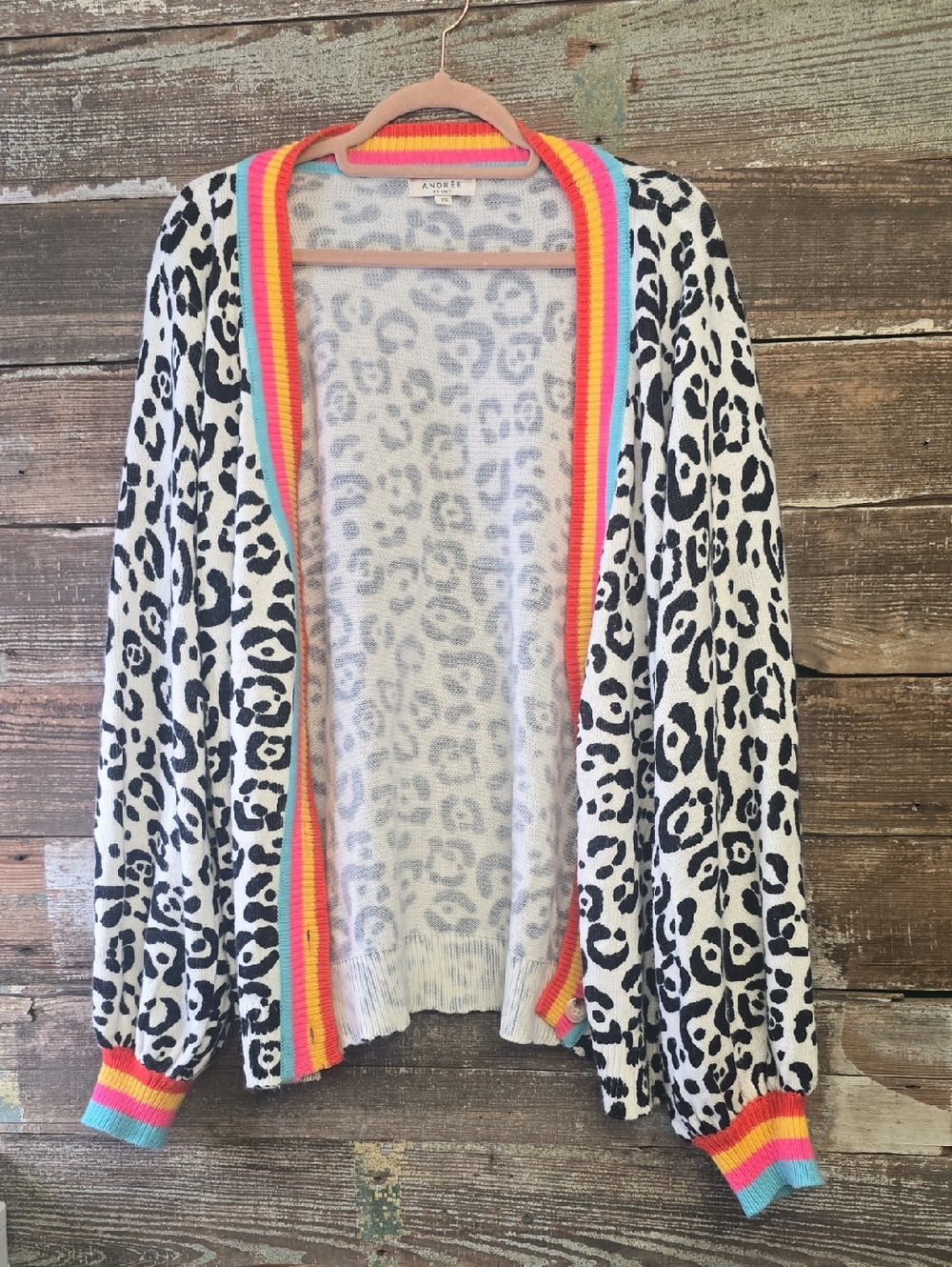 Andree By Unit Black & White Leopard Cardigan with Rainbow Trim, Size 2X